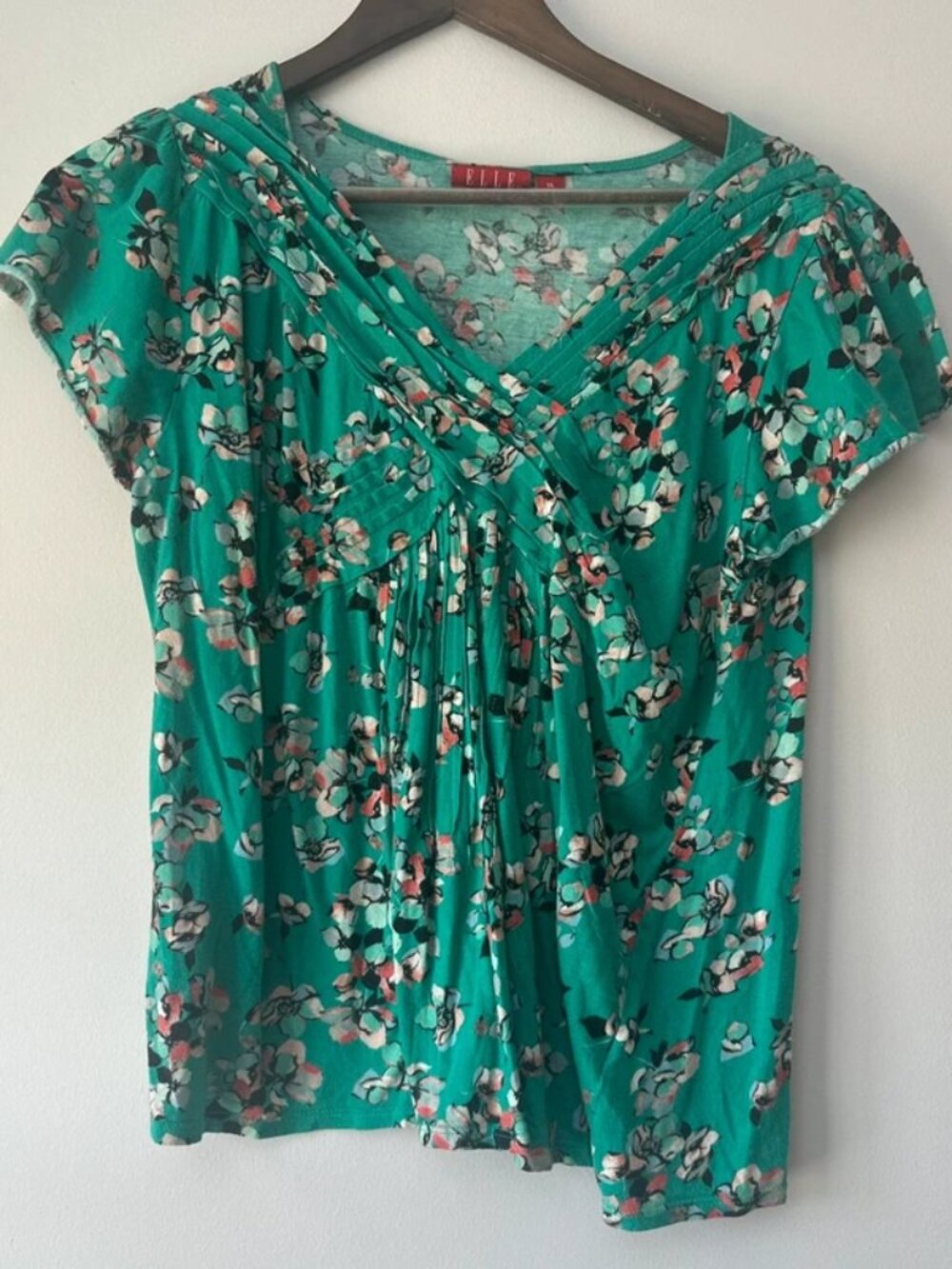 ELLE Women’s XL Teal Floral Ruched V-Neck Short Sleeve Blouse